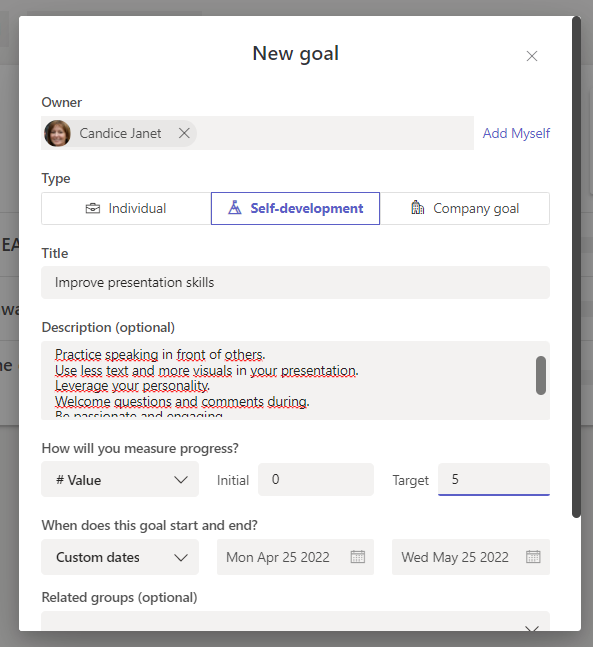 screenshot of new goal creation on teamflect app