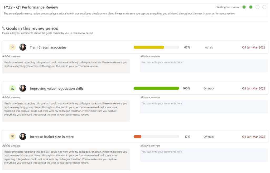 goal section in employee review templates on Teamflect app