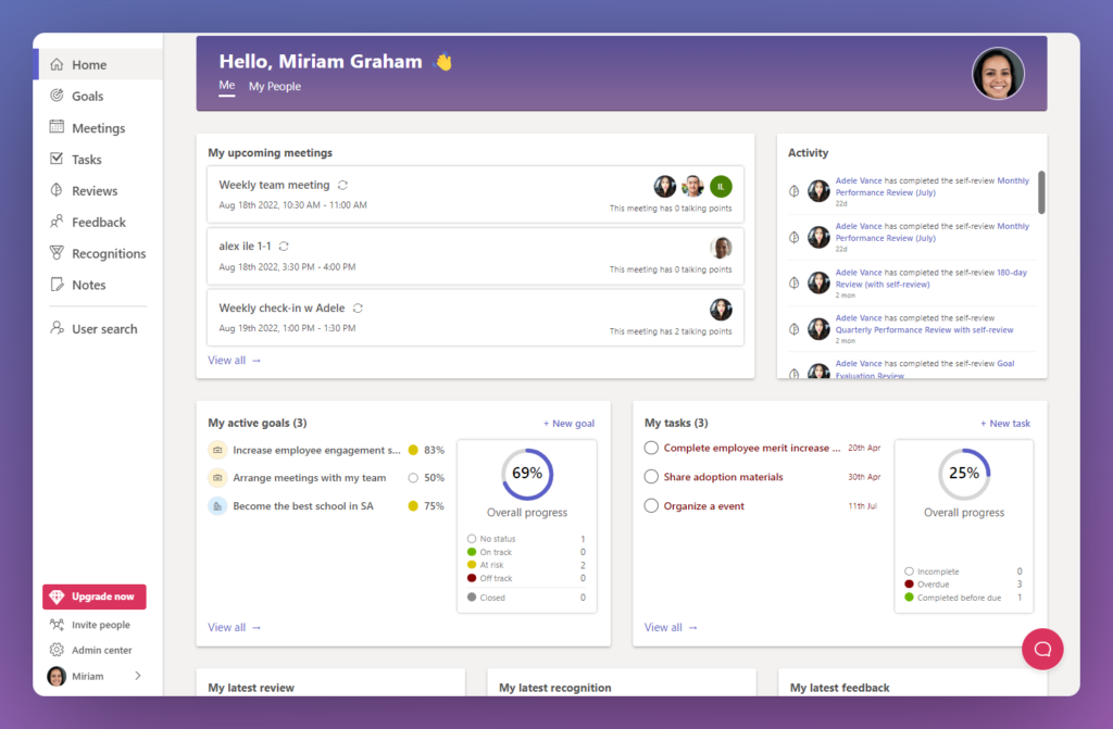 Teamflect's Performance Management Software's main dashboard