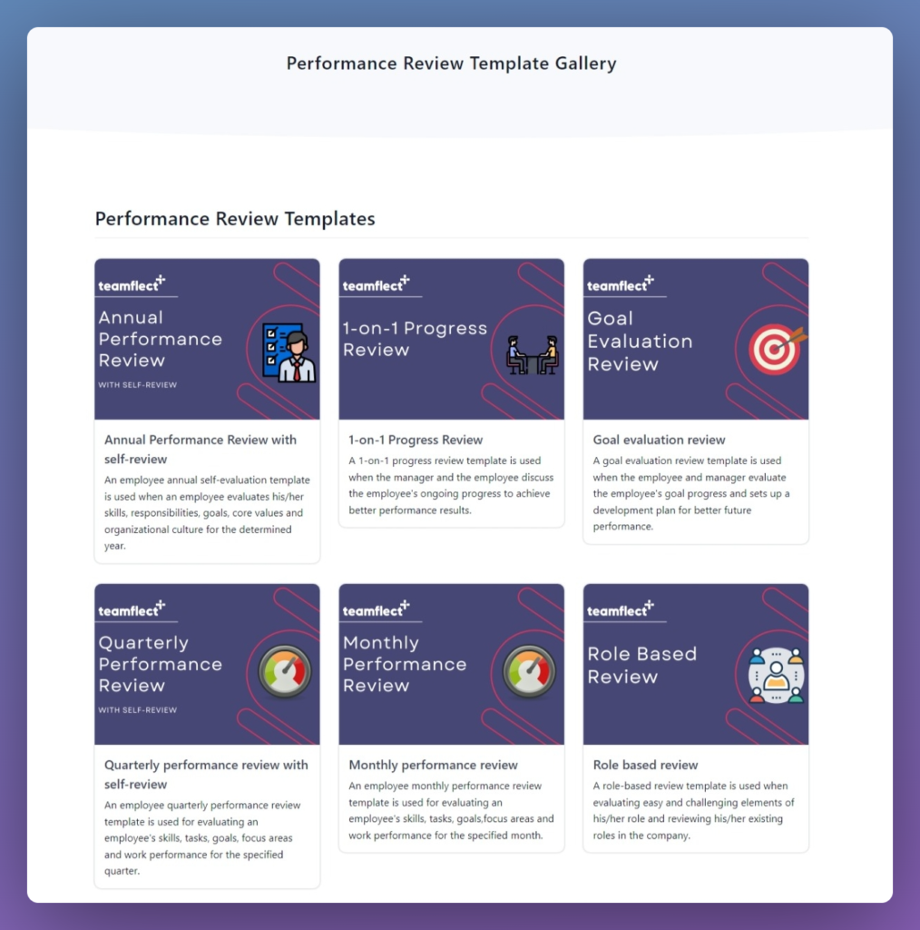 Performance review best practices: Screenshot of the performance review template gallery of Teamflect