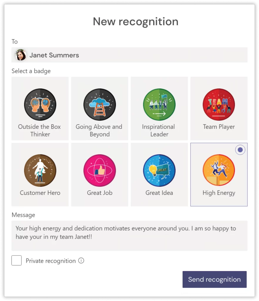 screenshot of teamflect's recognitions page 