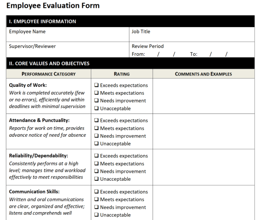 Employee evaluation based word performance review template