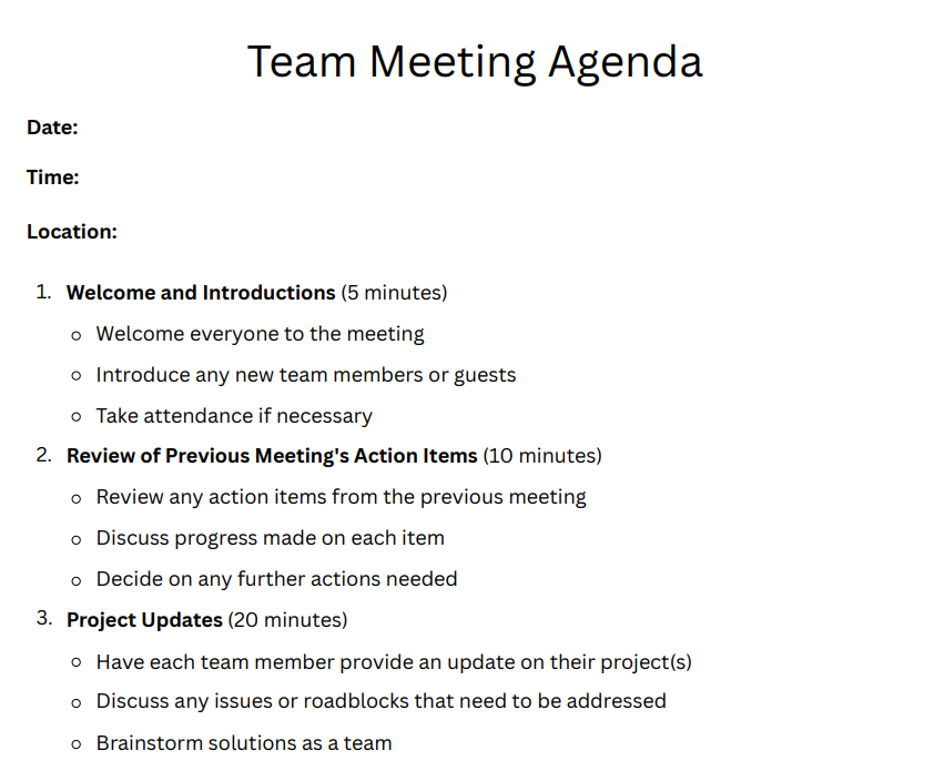 Team meeting agenda template