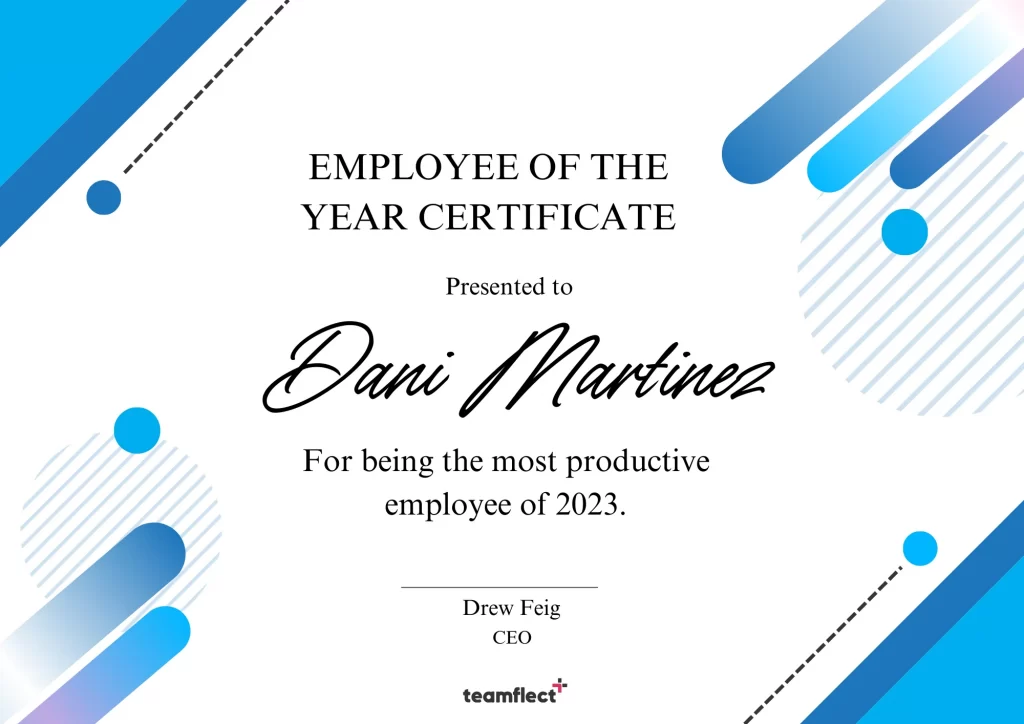 Blue vibrant employee of the year certificate