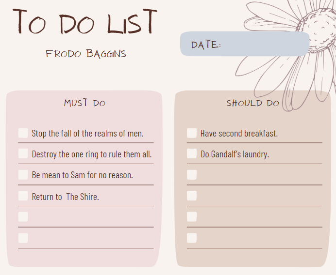 To Do List for project management, divided into must-do and should-do columns.