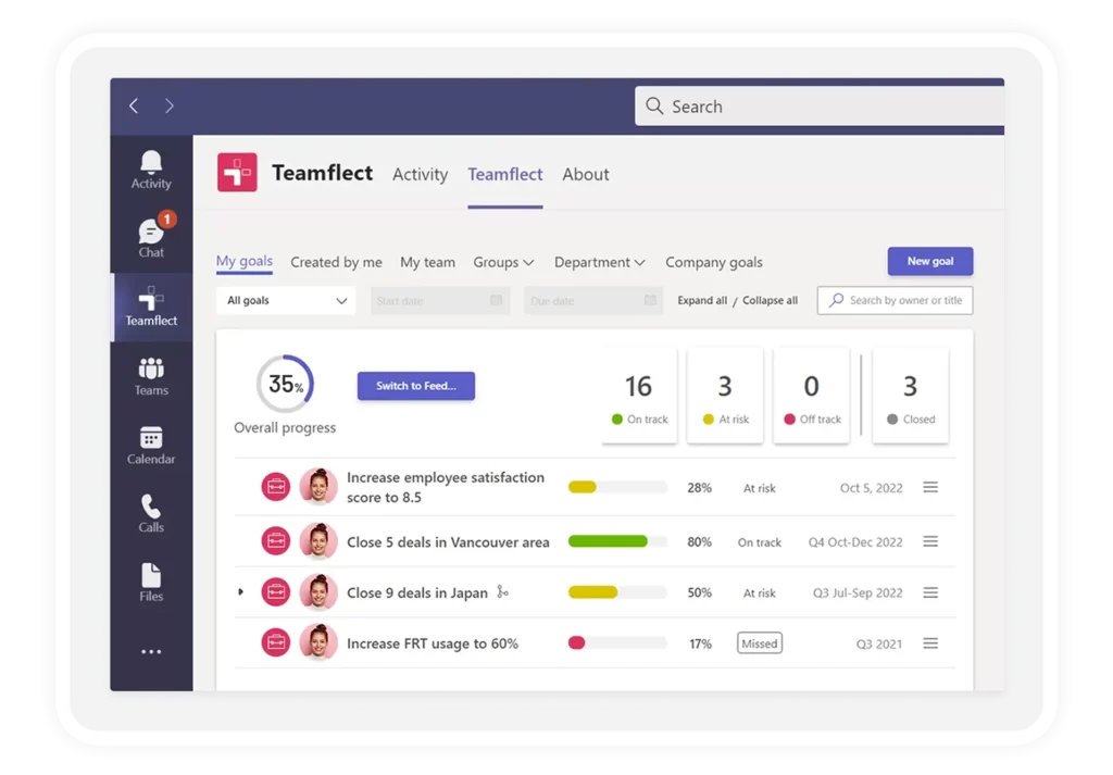 Microsoft Planner Best Practices: Goal module screen of Teamflect in Microsoft Teams with one active goal