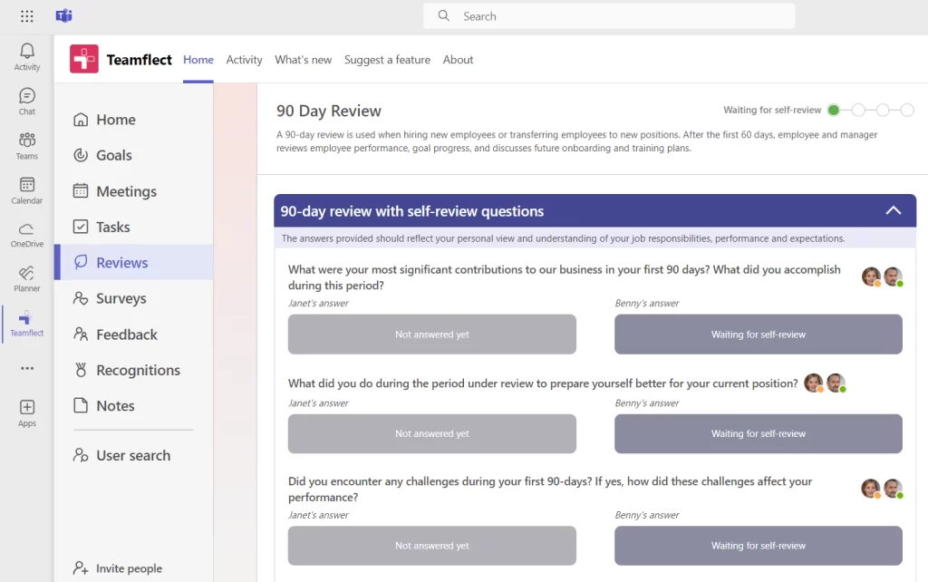 90 day employee onboarding review template in Teamflect