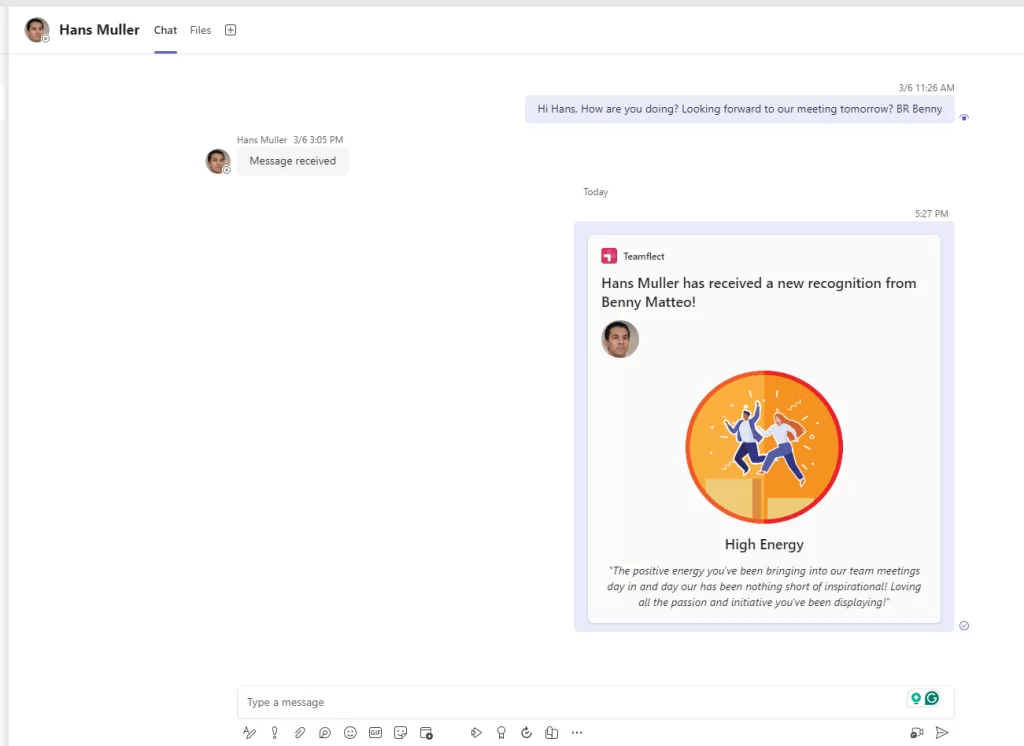 Employee recognition inside Microsoft Teams chat
