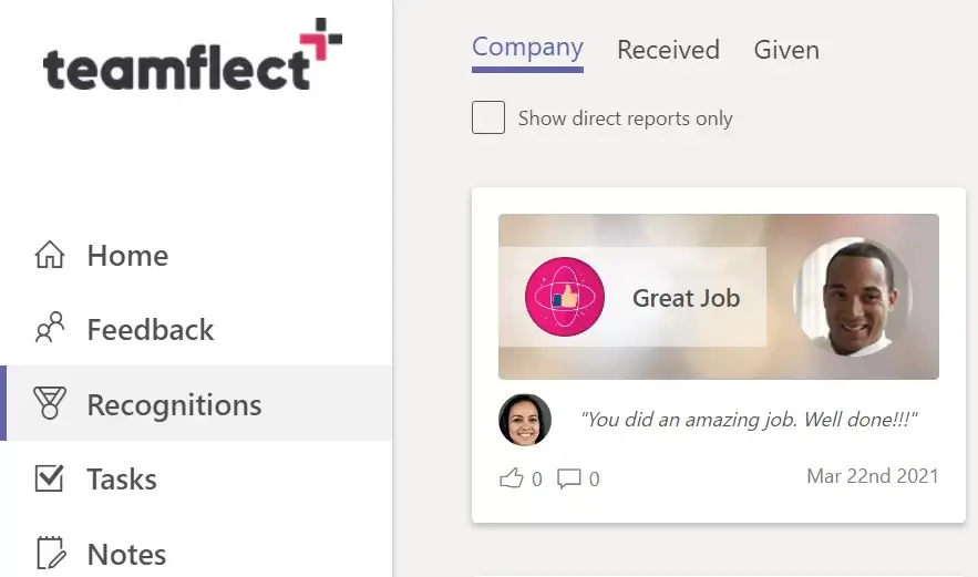 Teamflect recognition software screenshot