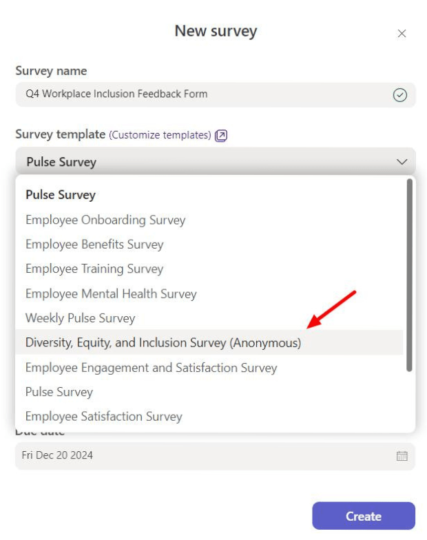 Selecting an anonymous survey template in Microsoft Teams
